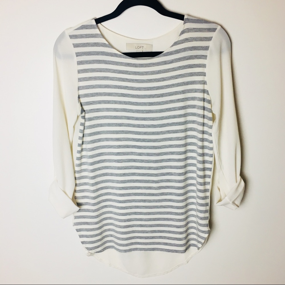 LOFT Gray & White Striped Hi Lo Roll Sleeve Blouse